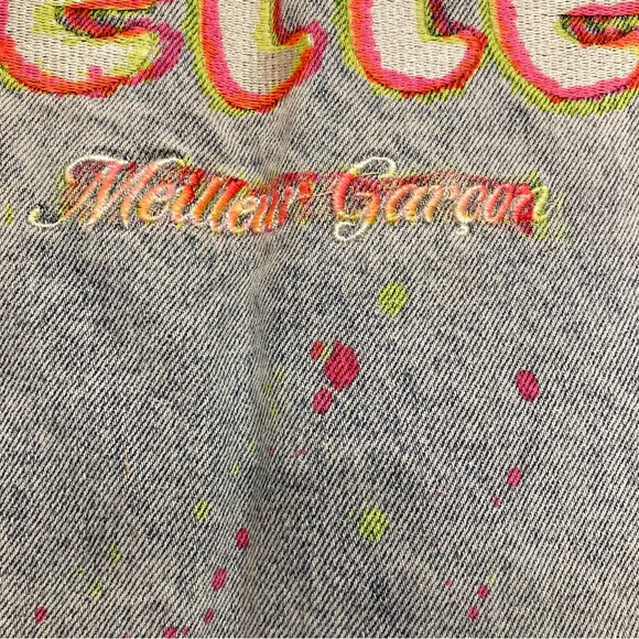 Men’s Light Wash Blue Jean Vest Neon Paint Splatter Open Front Pockets L - Picture 13 of 16